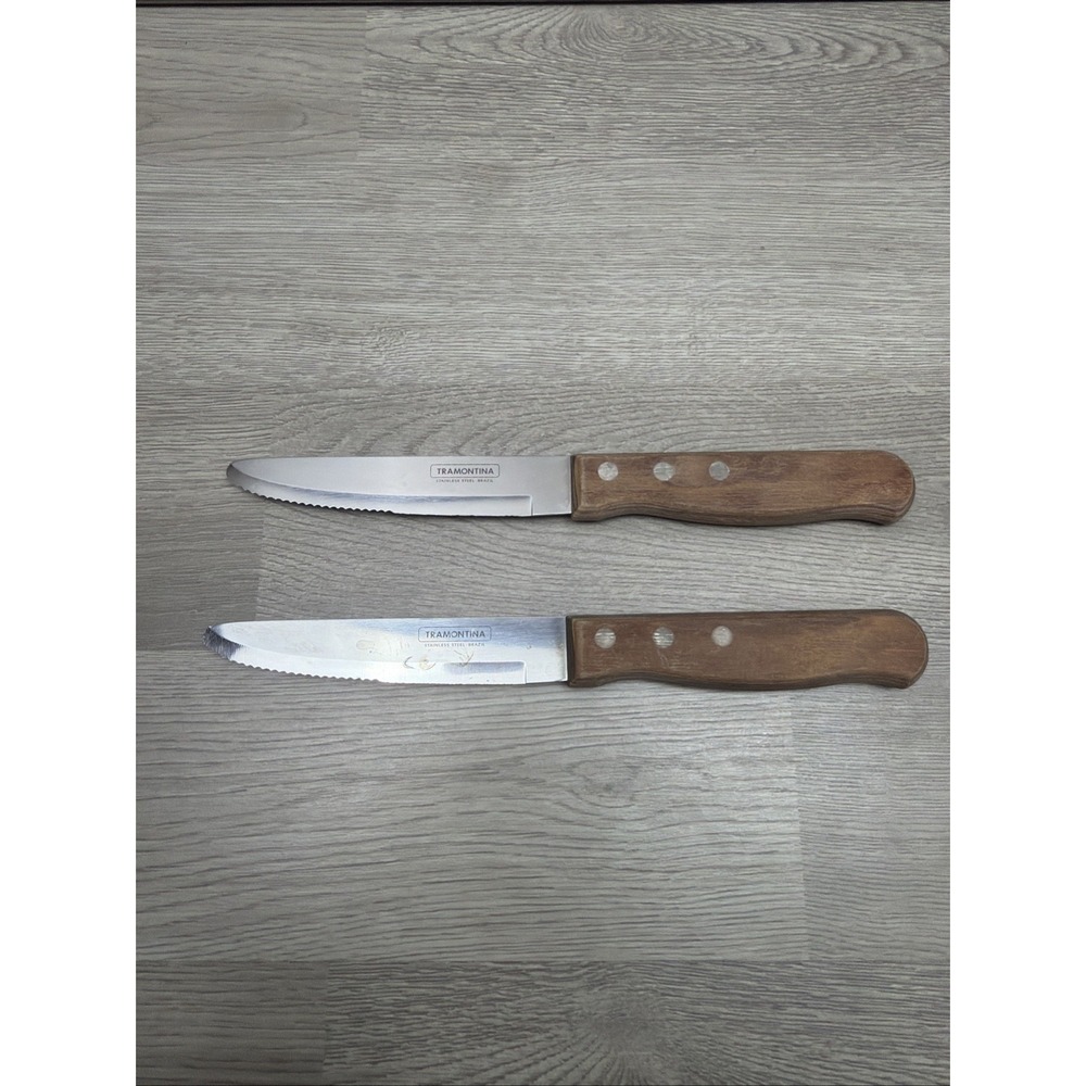 Pair Of Tramontina Stainless Steel Jumbo Steak Knifes Polywood Handles Brazil 5"